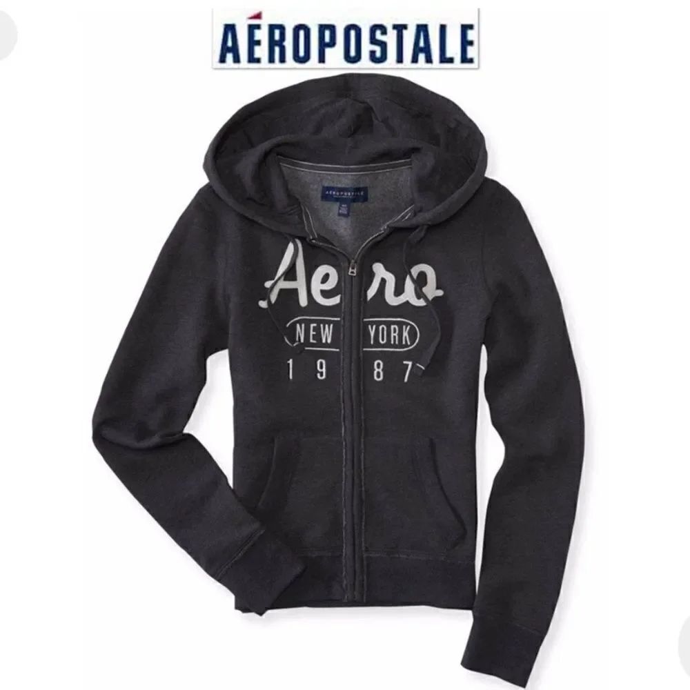NWT Aeropostale S Dark Grey White AERO New York 1987 Hoodie Hoodded Sweatshirt